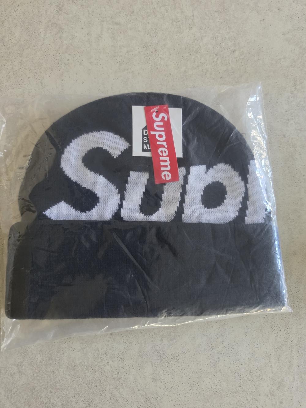 Supreme Black Beanie with White Oversized Logo - Kids Accessories